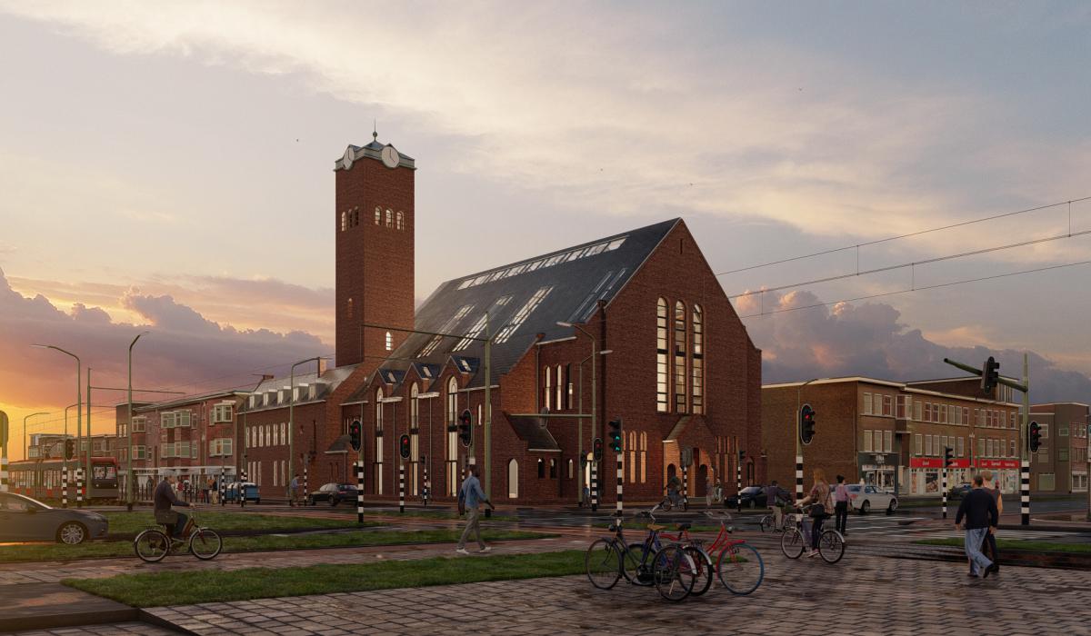 Valkenboskerk Den Haag/Ontwerp en visualisatie door Studioschaeffer - voorgevel avond.jpg